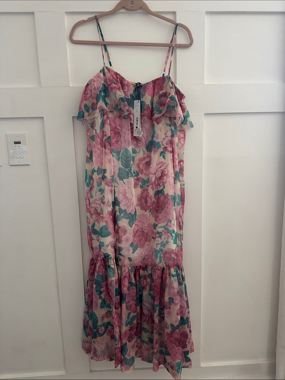 Aqua Pink & Green Floral Ruffle Spaghetti-Strap Dress